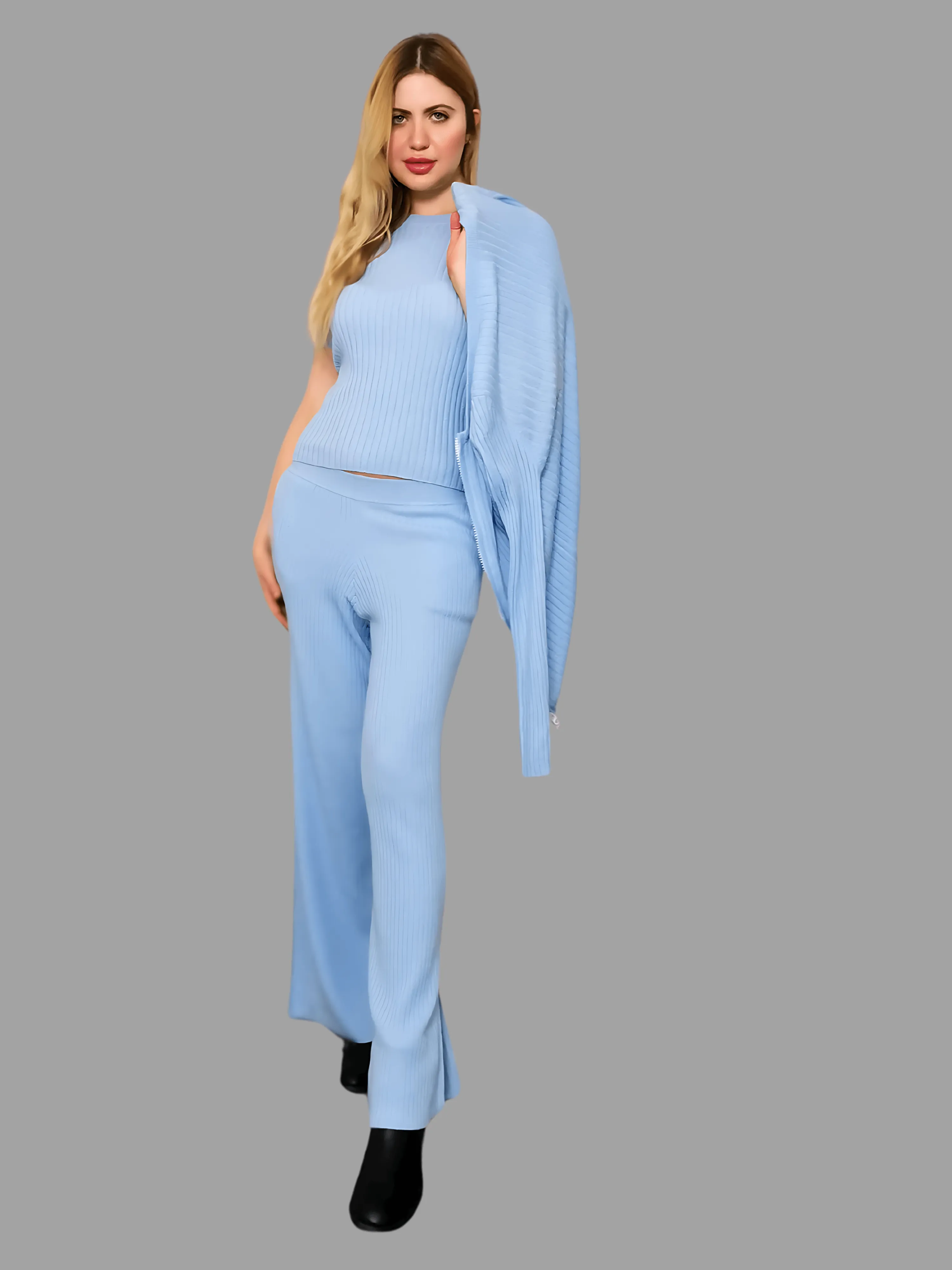 100% Cashmere Women's Ribbed Knitwear set, Baby Blue