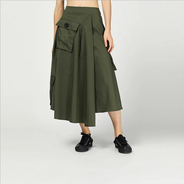 A-line Summer Skirts,Women Casual Skirts, Retro Pockets Midi Length Skirts 9719