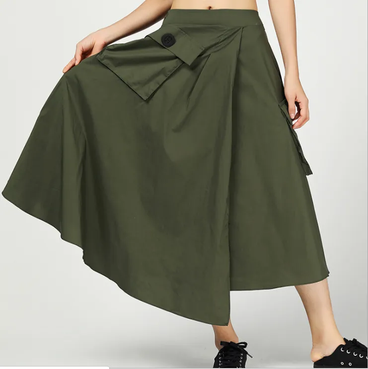 A-line Summer Skirts,Women Casual Skirts, Retro Pockets Midi Length Skirts 9719