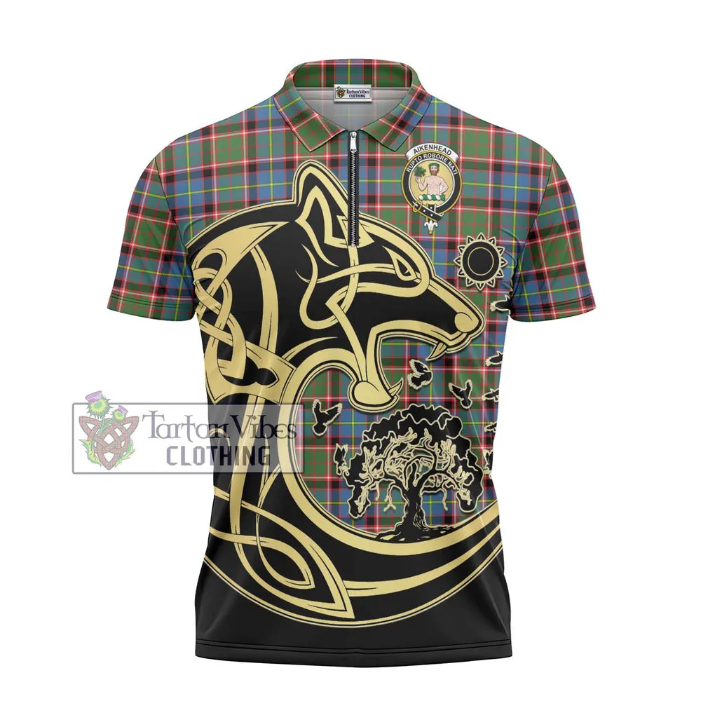 Aikenhead Tartan Zipper Polo Shirt with Family Crest Celtic Wolf Style