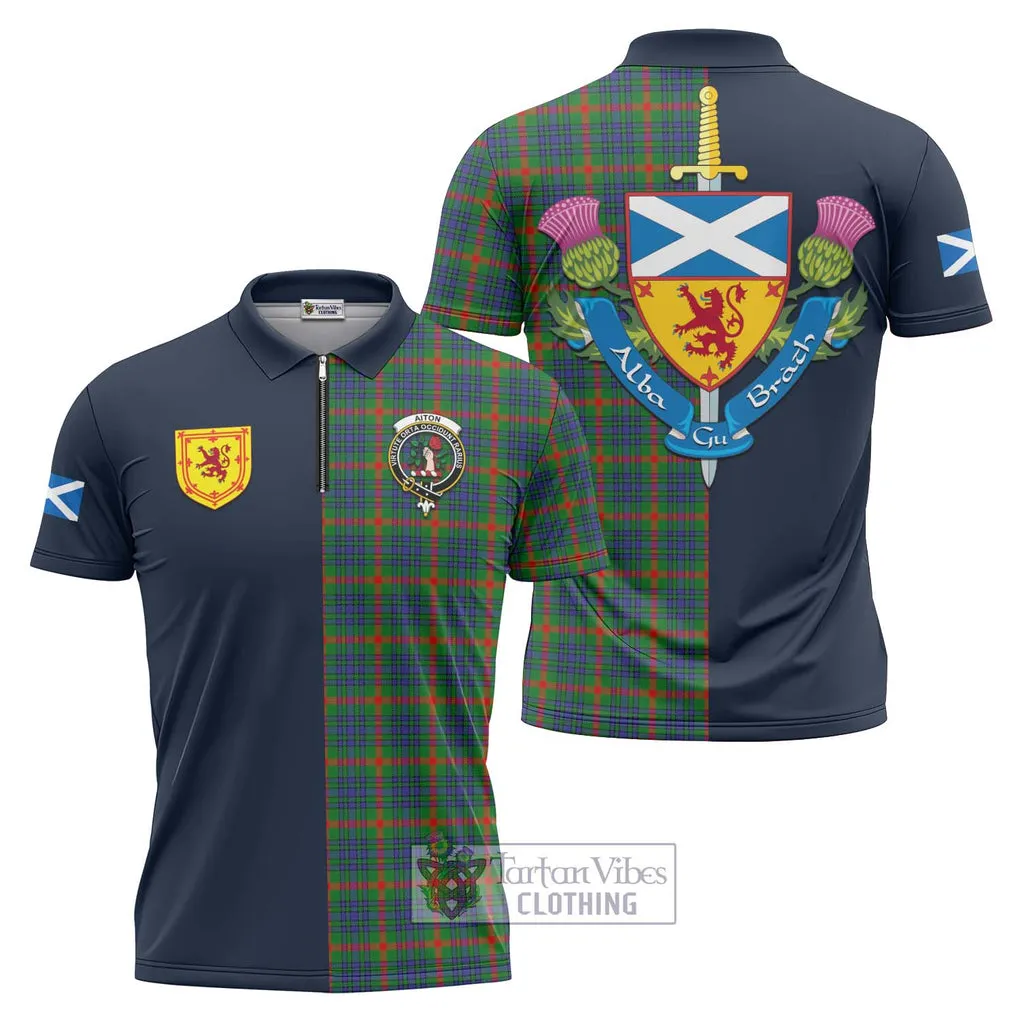 Aiton Tartan Zipper Polo Shirt Alba with Scottish Lion Royal Arm Half Style