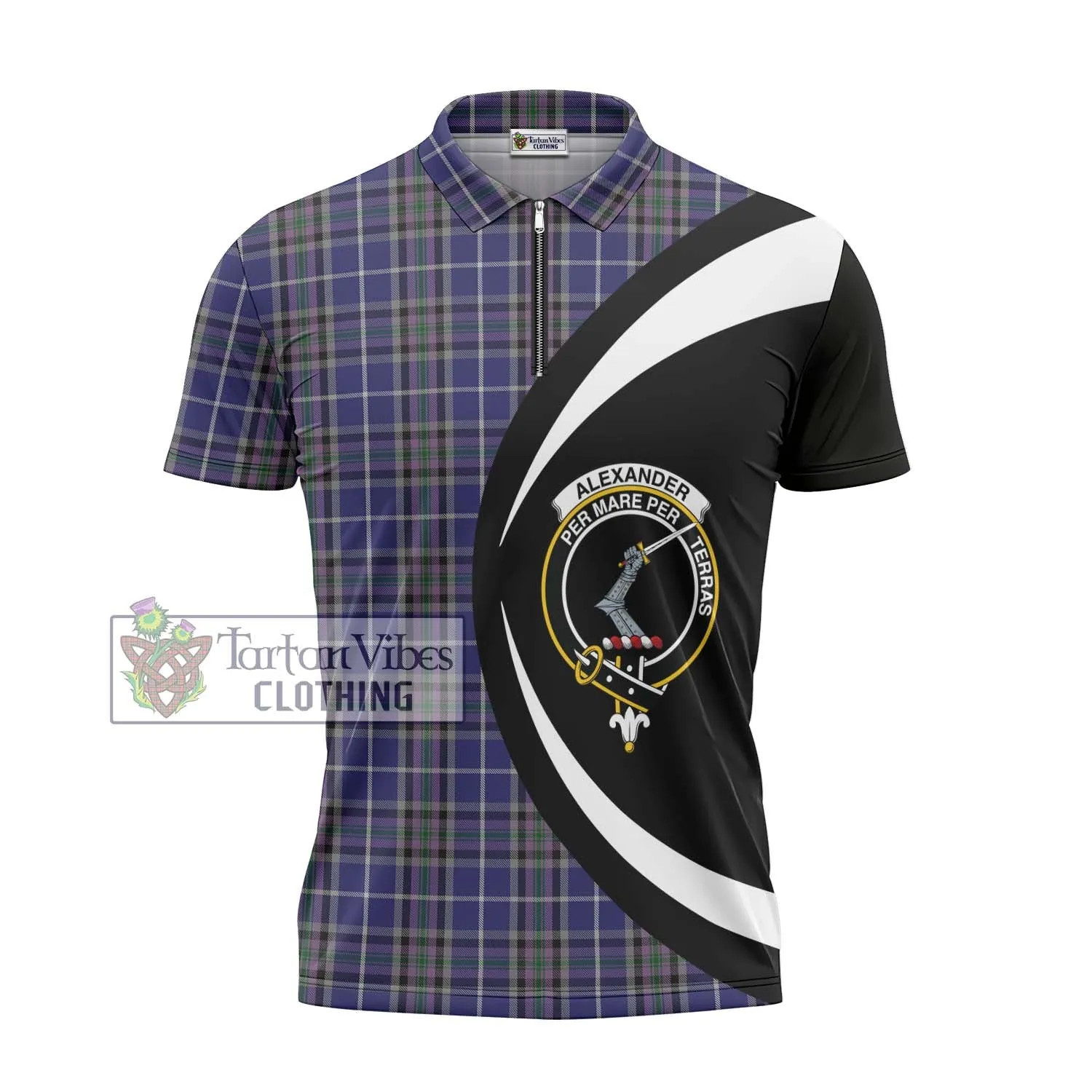 Alexander of Menstry Tartan Zipper Polo Shirt with Family Crest Circle Style