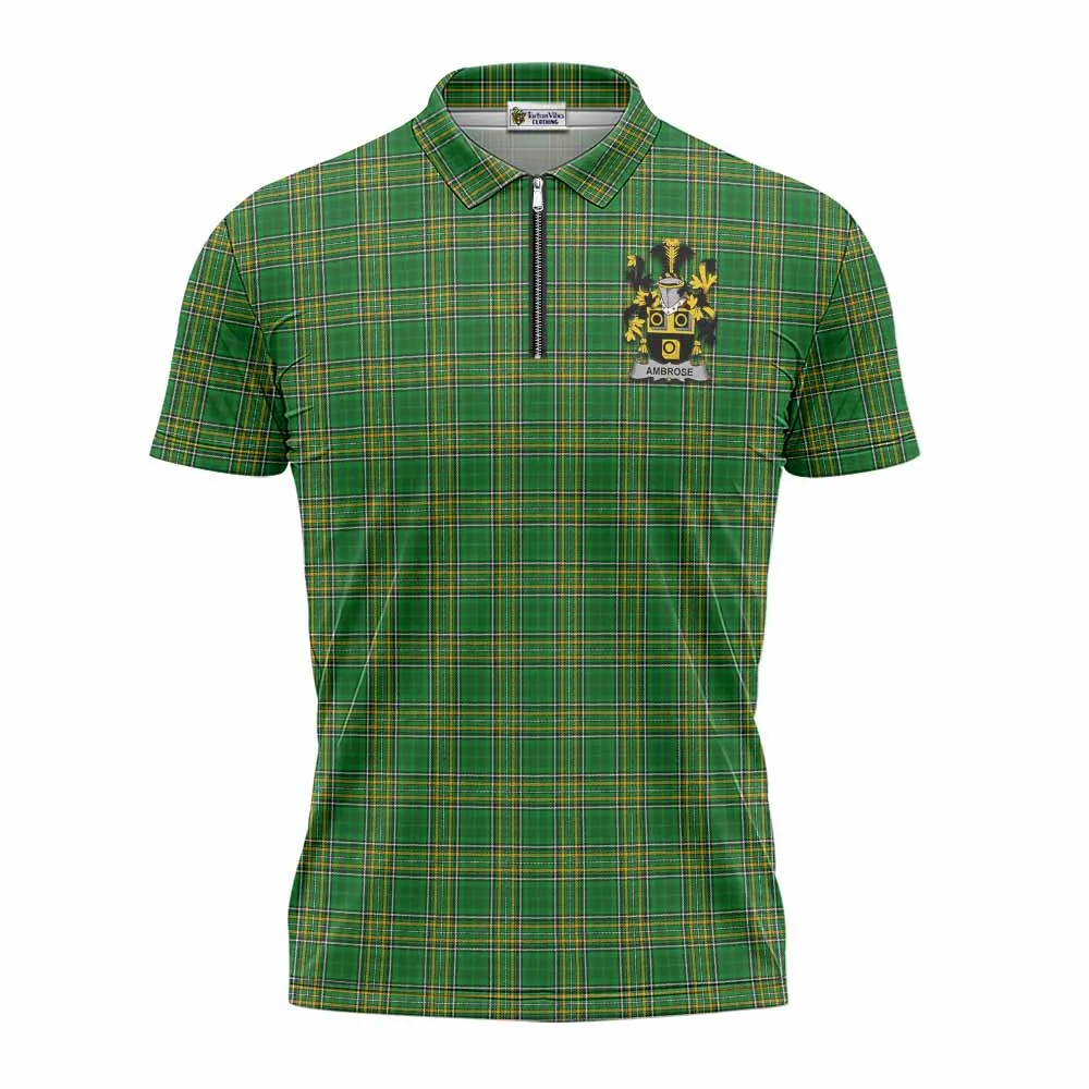 Ambrose Irish Clan Tartan Zipper Polo Shirt with Coat of Arms