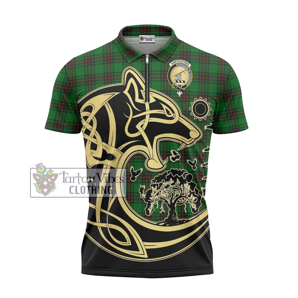 Anstruther Tartan Zipper Polo Shirt with Family Crest Celtic Wolf Style