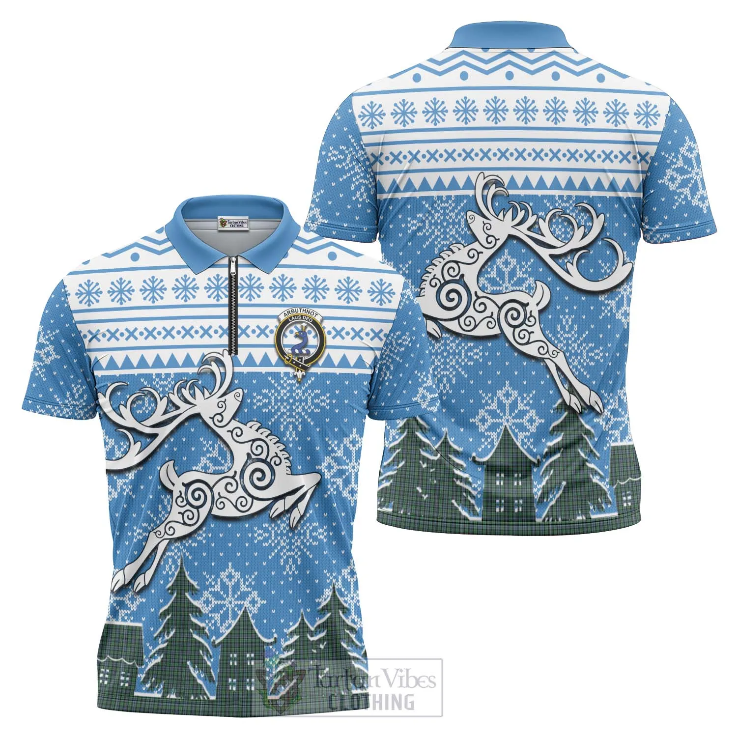 Arbuthnot Clan Christmas Zipper Polo Shirt Celtic Reindeer Style