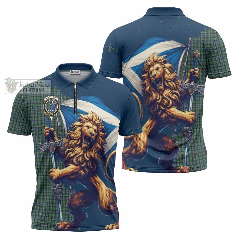 Arbuthnot Tartan Family Crest Zipper Polo Shirt with Scottish Majestic Lion