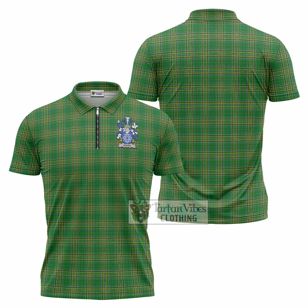 Atkins Irish Clan Tartan Zipper Polo Shirt with Coat of Arms