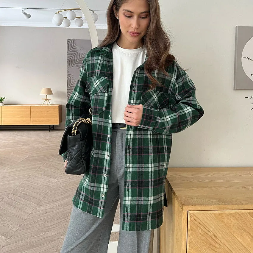 Autumn Casual Green Loose Lapels Plaid Shirt Russian Long Office Minimalist Cardigan Women Clothes