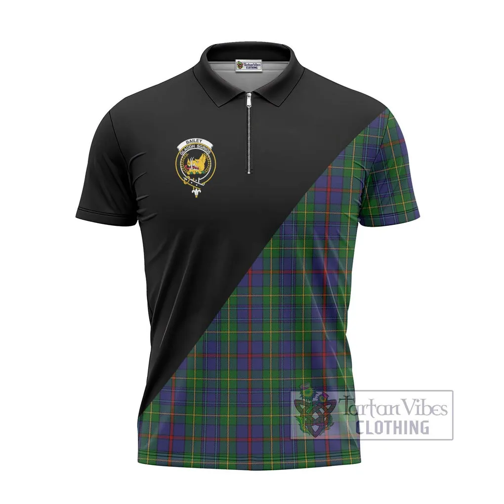 Bailey Tartan Zipper Polo Shirt with Family Crest and Military Logo Style