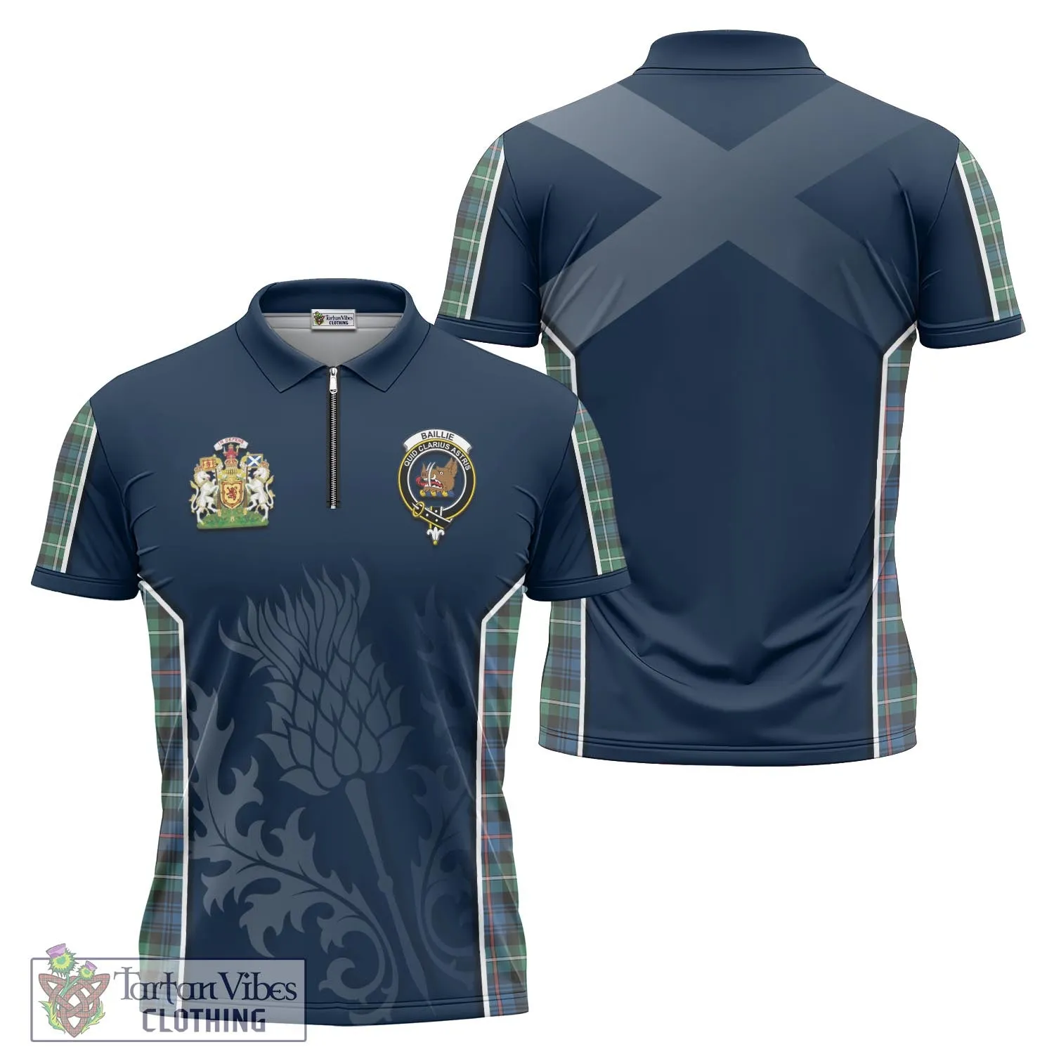 Baillie Ancient Tartan Zipper Polo Shirt with Family Crest and Scottish Thistle Vibes Sport Style