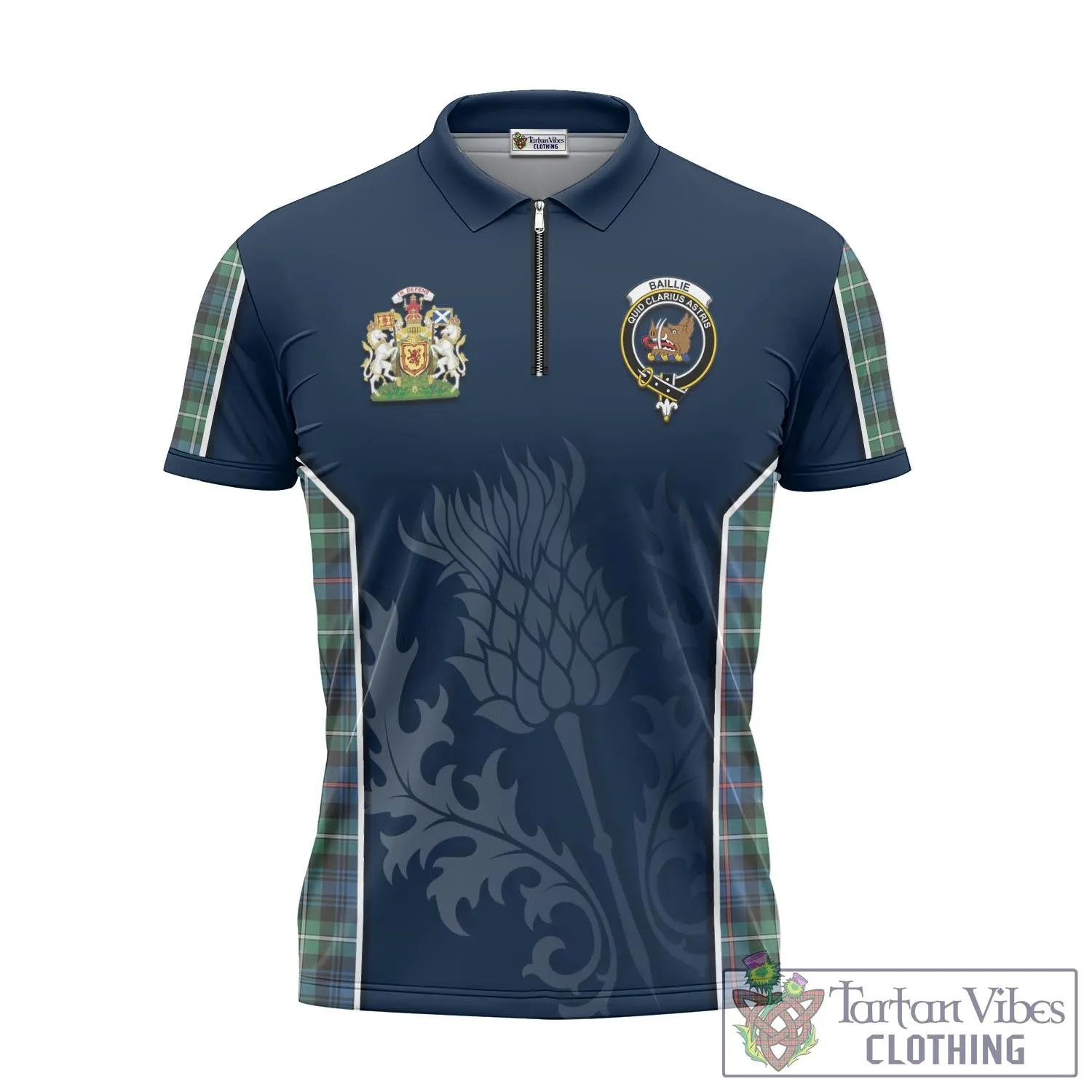 Baillie Ancient Tartan Zipper Polo Shirt with Family Crest and Scottish Thistle Vibes Sport Style