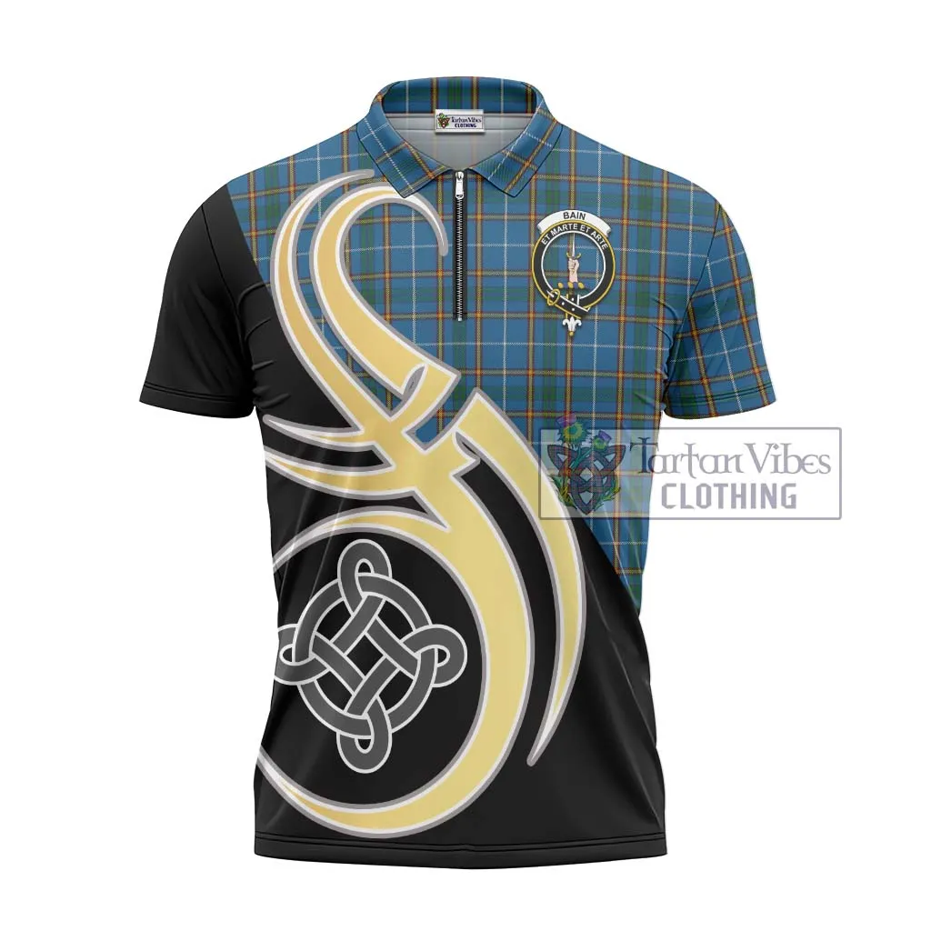 Bain Tartan Zipper Polo Shirt with Family Crest and Celtic Symbol Style