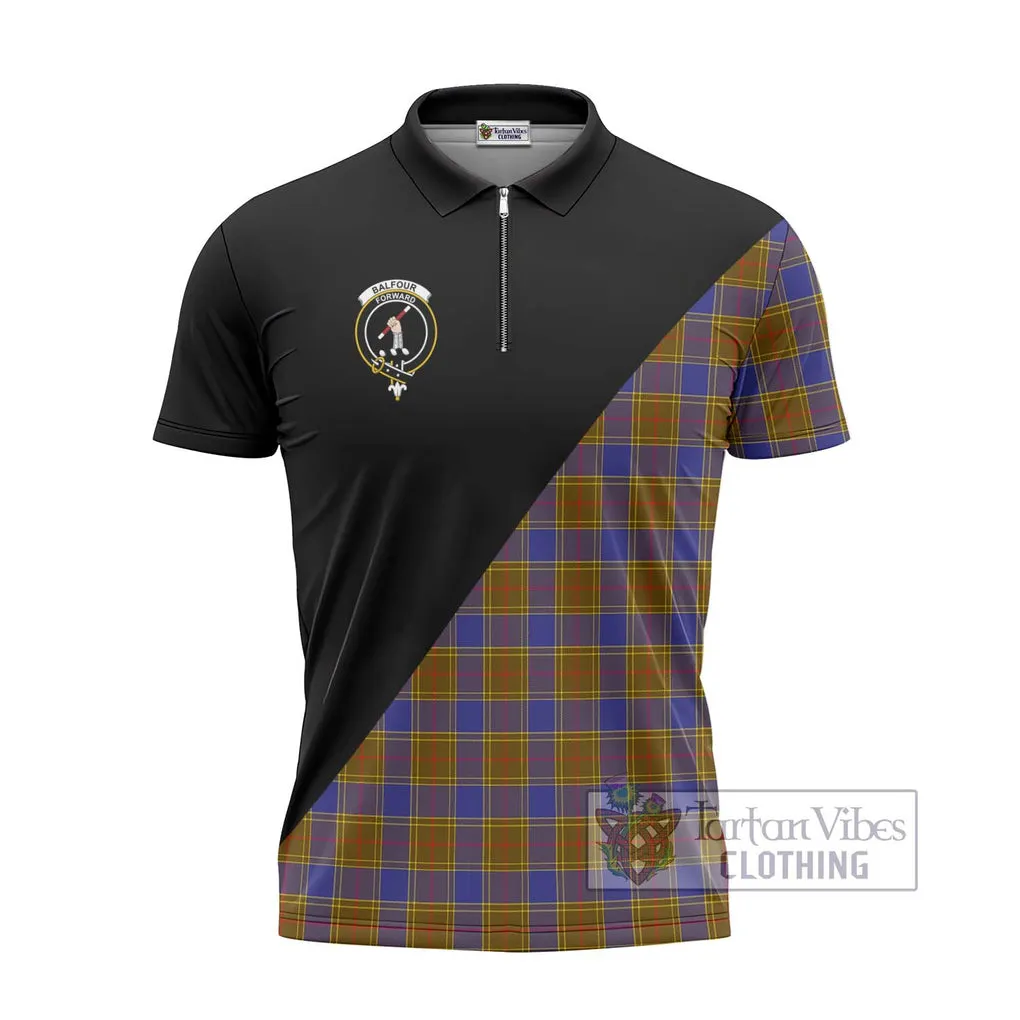 Balfour Tartan Zipper Polo Shirt with Family Crest and Military Logo Style