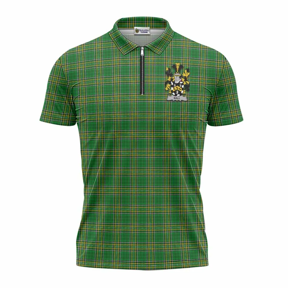 Ball Irish Clan Tartan Zipper Polo Shirt with Coat of Arms