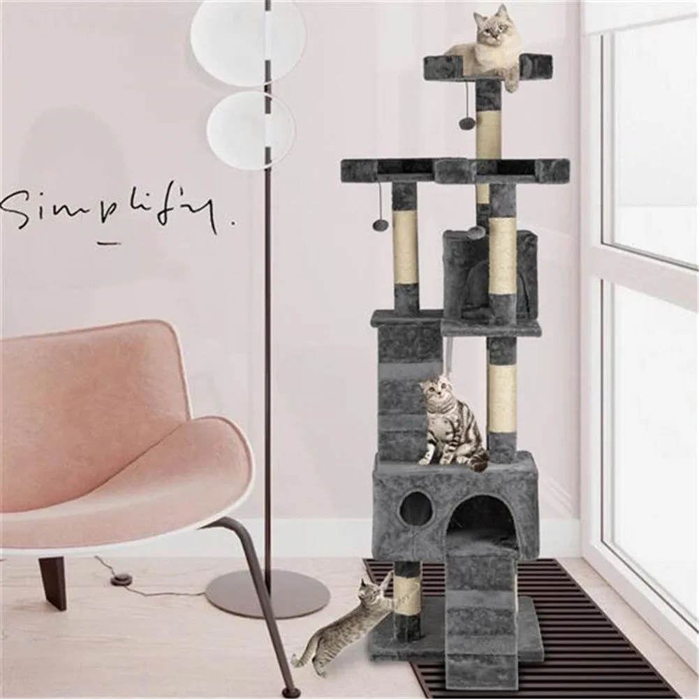 BEESCLOVER 66 Inch Sisal Cat Climbing Frame Cat Tree Tower Cat Pet Toy GREY