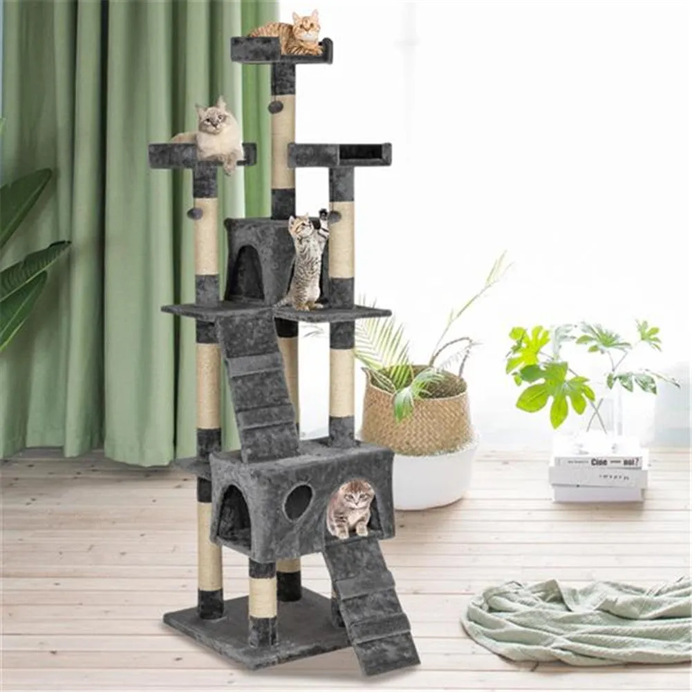 BEESCLOVER 66 Inch Sisal Cat Climbing Frame Cat Tree Tower Cat Pet Toy GREY