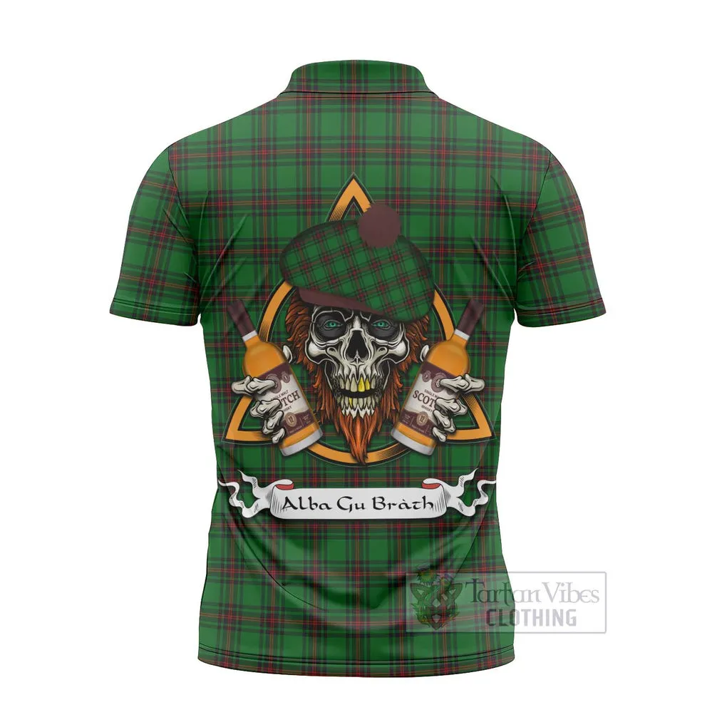 Beveridge Tartan Zipper Polo Shirt with Family Crest and Bearded Skull Holding Bottles of Whiskey