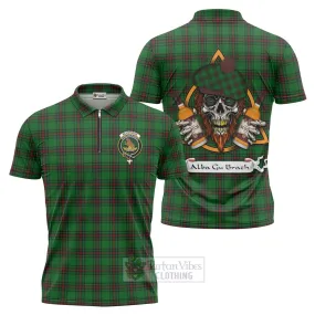 Beveridge Tartan Zipper Polo Shirt with Family Crest and Bearded Skull Holding Bottles of Whiskey