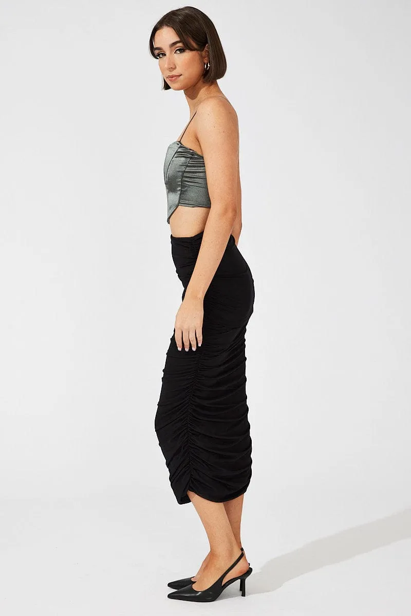 Black Abstract Midi Skirt Side Ruched Mesh