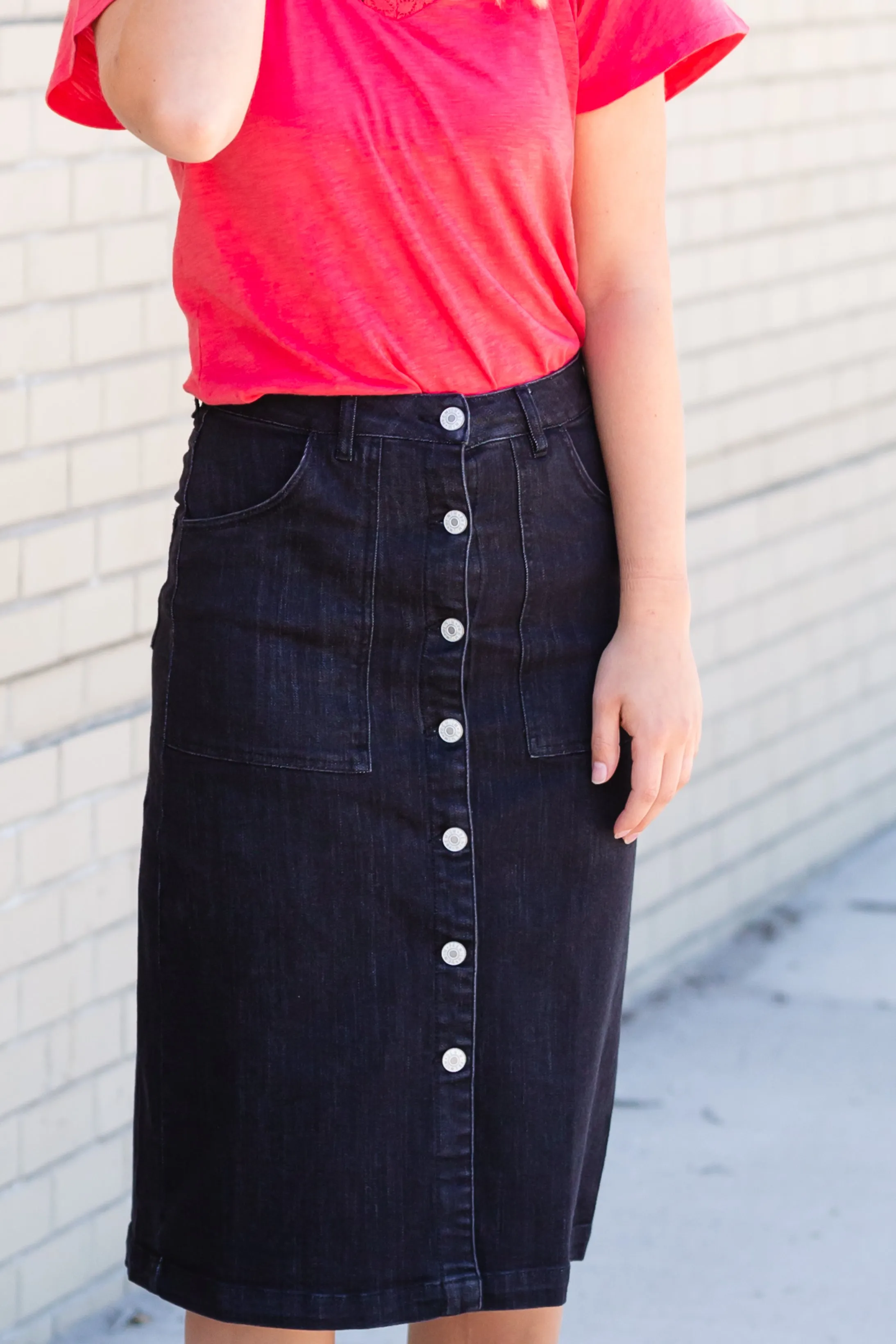 Black Button Front Utility Midi Skirt - FINAL SALE