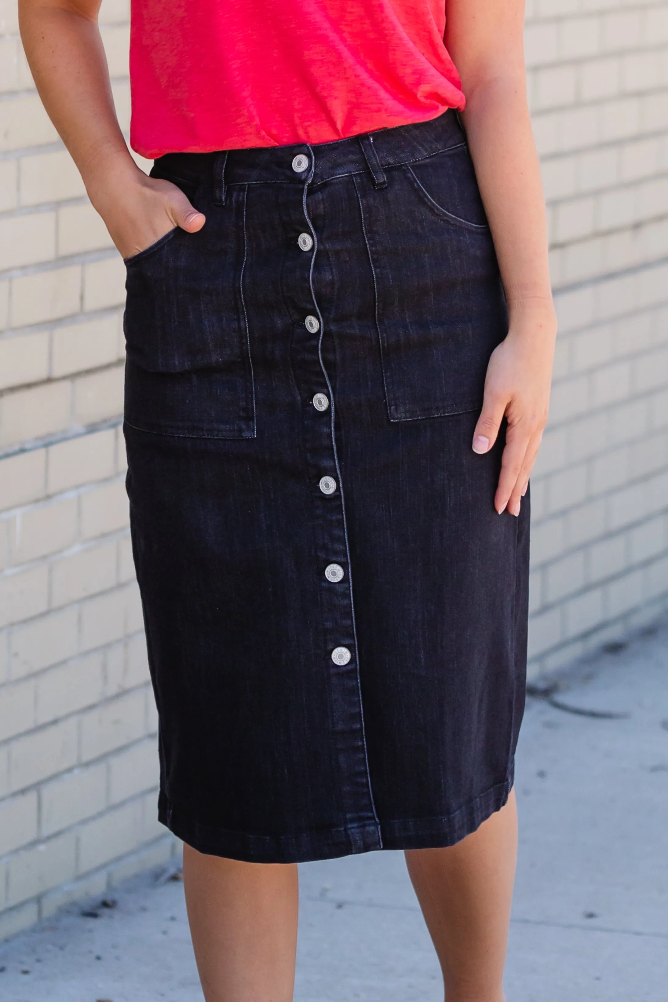 Black Button Front Utility Midi Skirt - FINAL SALE