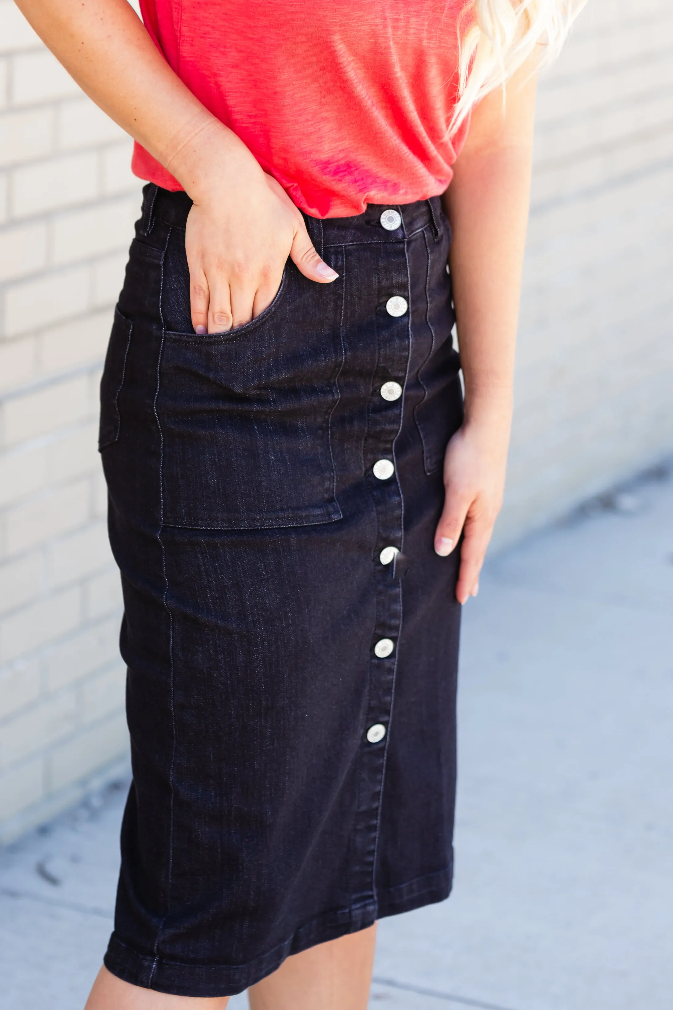 Black Button Front Utility Midi Skirt - FINAL SALE