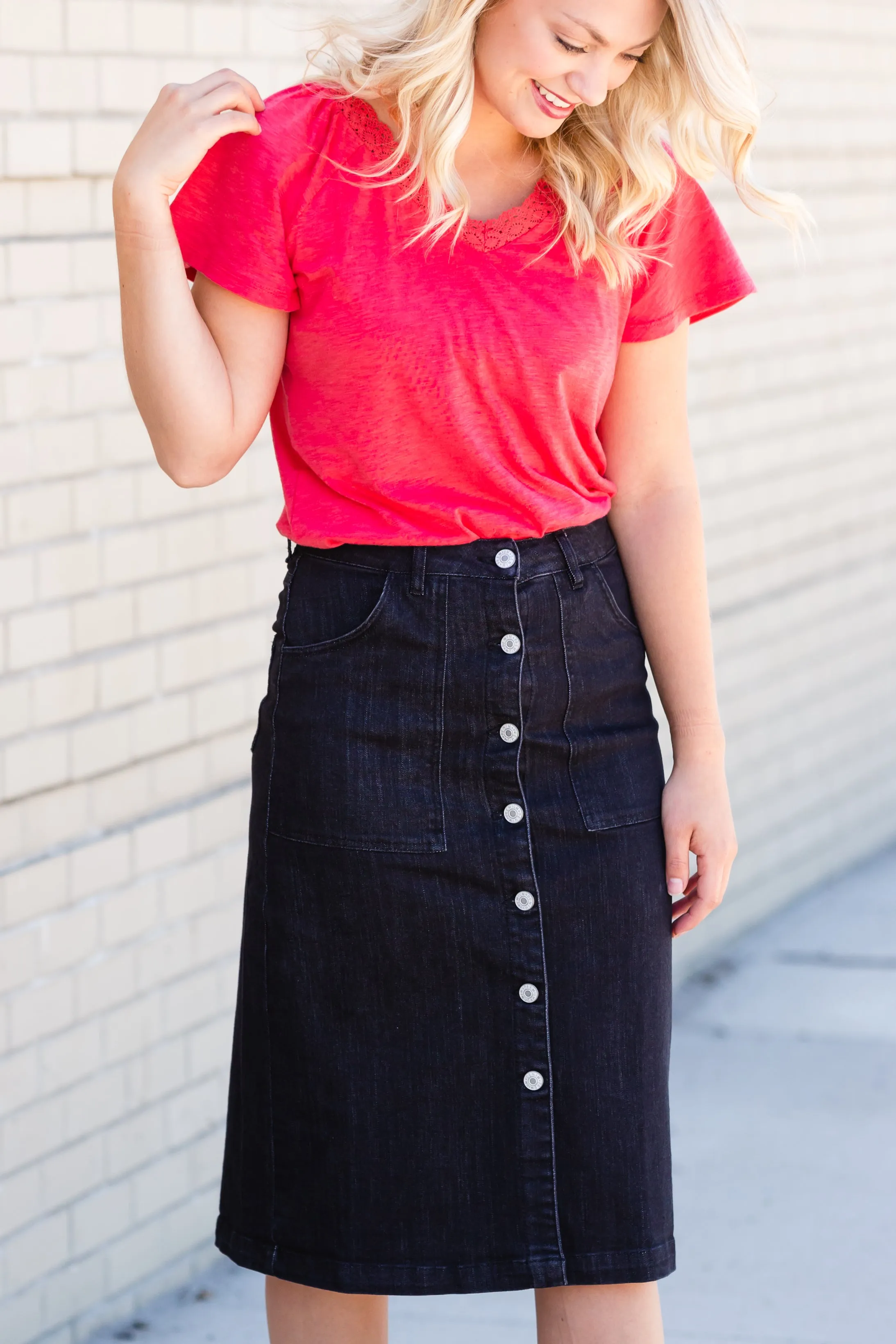 Black Button Front Utility Midi Skirt - FINAL SALE