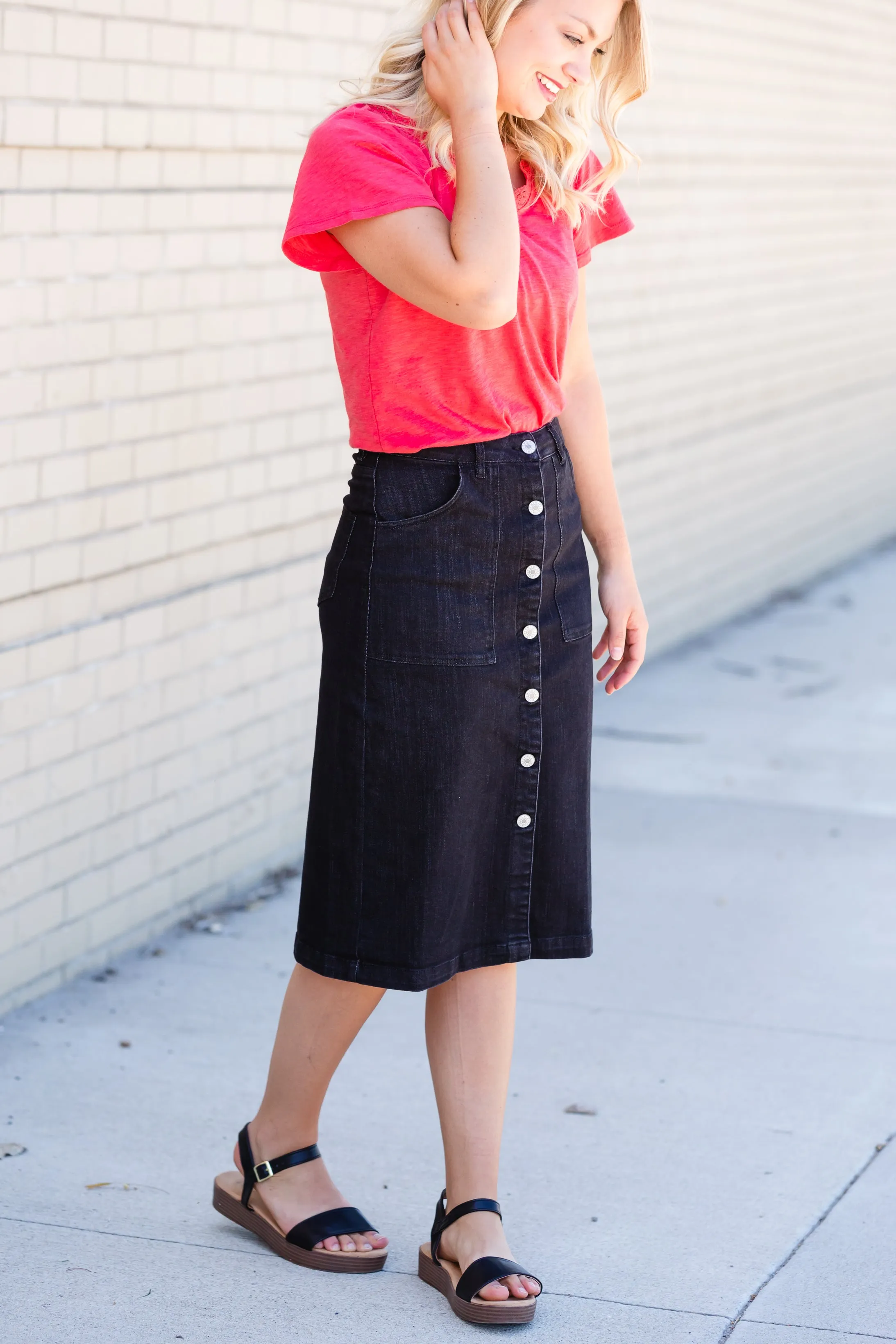 Black Button Front Utility Midi Skirt - FINAL SALE