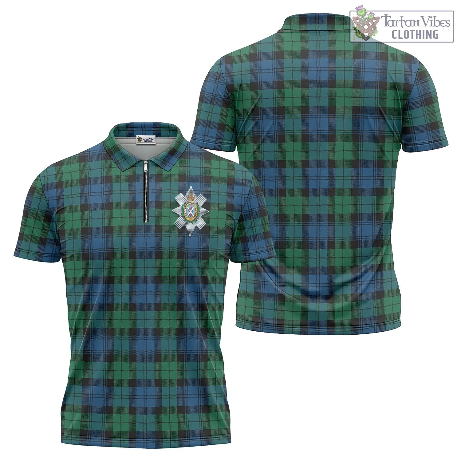 Black Watch Ancient Tartan Zipper Polo Shirt with Family Crest