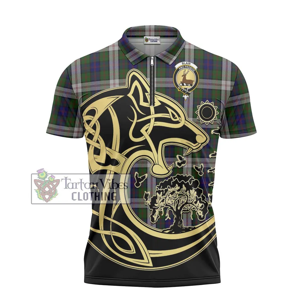 Blair Dress Tartan Zipper Polo Shirt with Family Crest Celtic Wolf Style