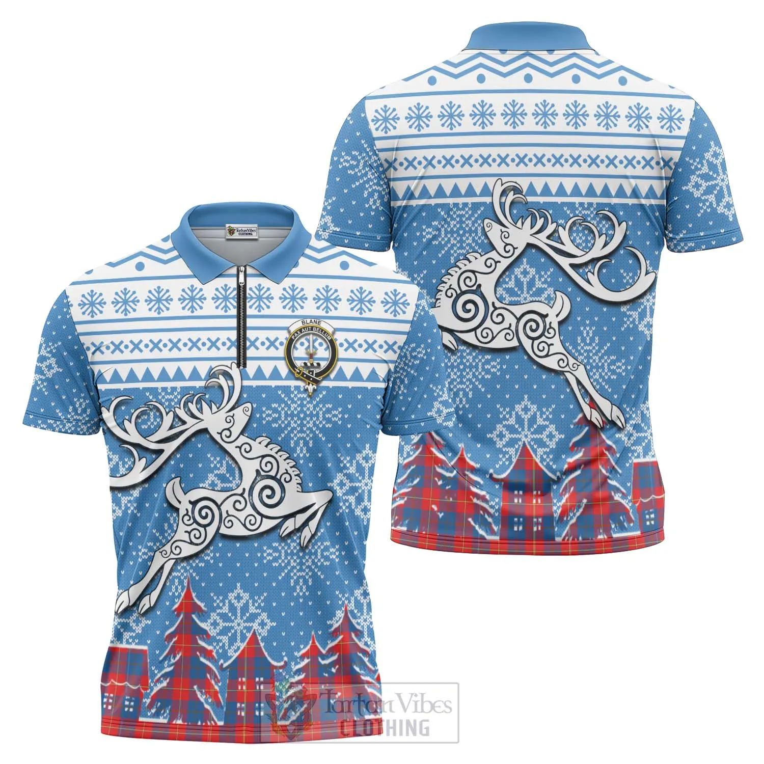 Blane Clan Christmas Zipper Polo Shirt Celtic Reindeer Style