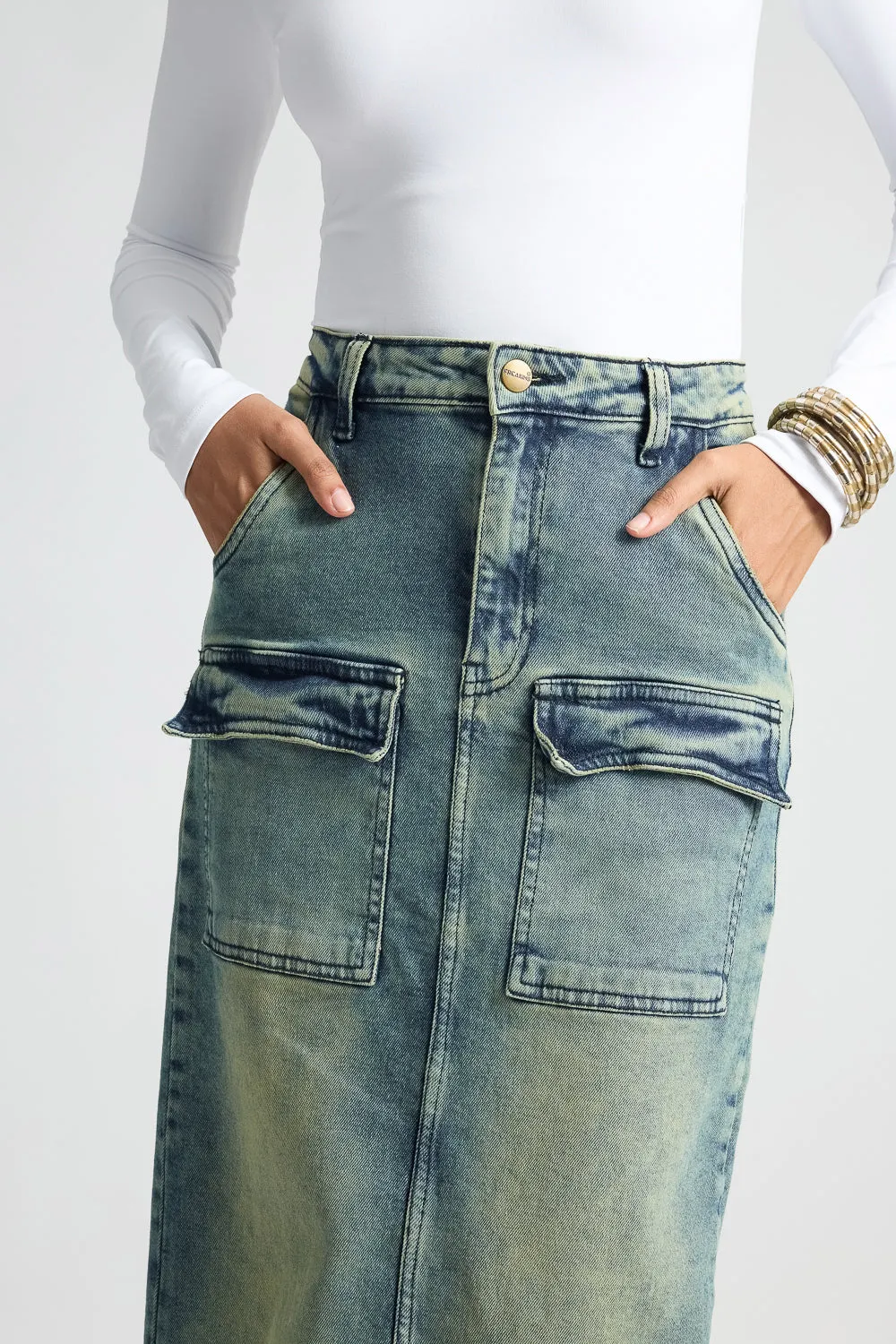 Blue Utility Pocket Denim Midi Skirt