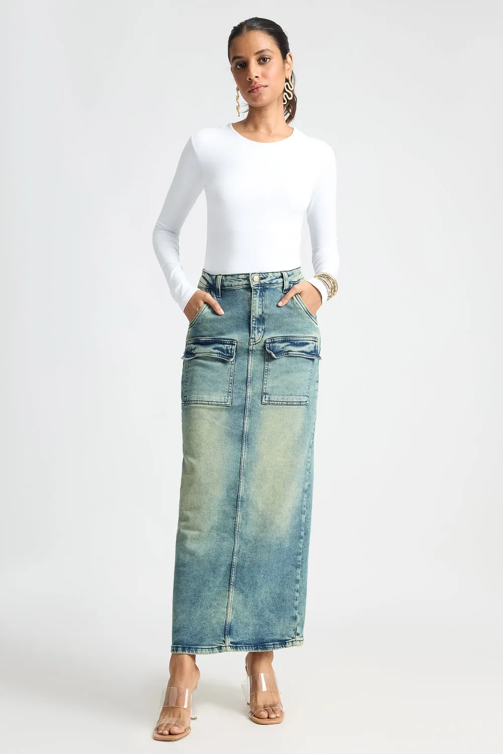 Blue Utility Pocket Denim Midi Skirt