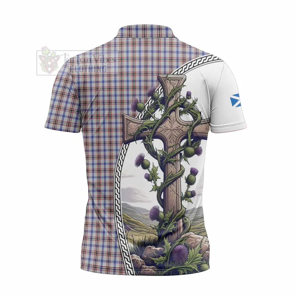 Boswell Tartan Zipper Polo Shirt with Family Crest and St. Andrew's Cross Accented by Thistle Vines