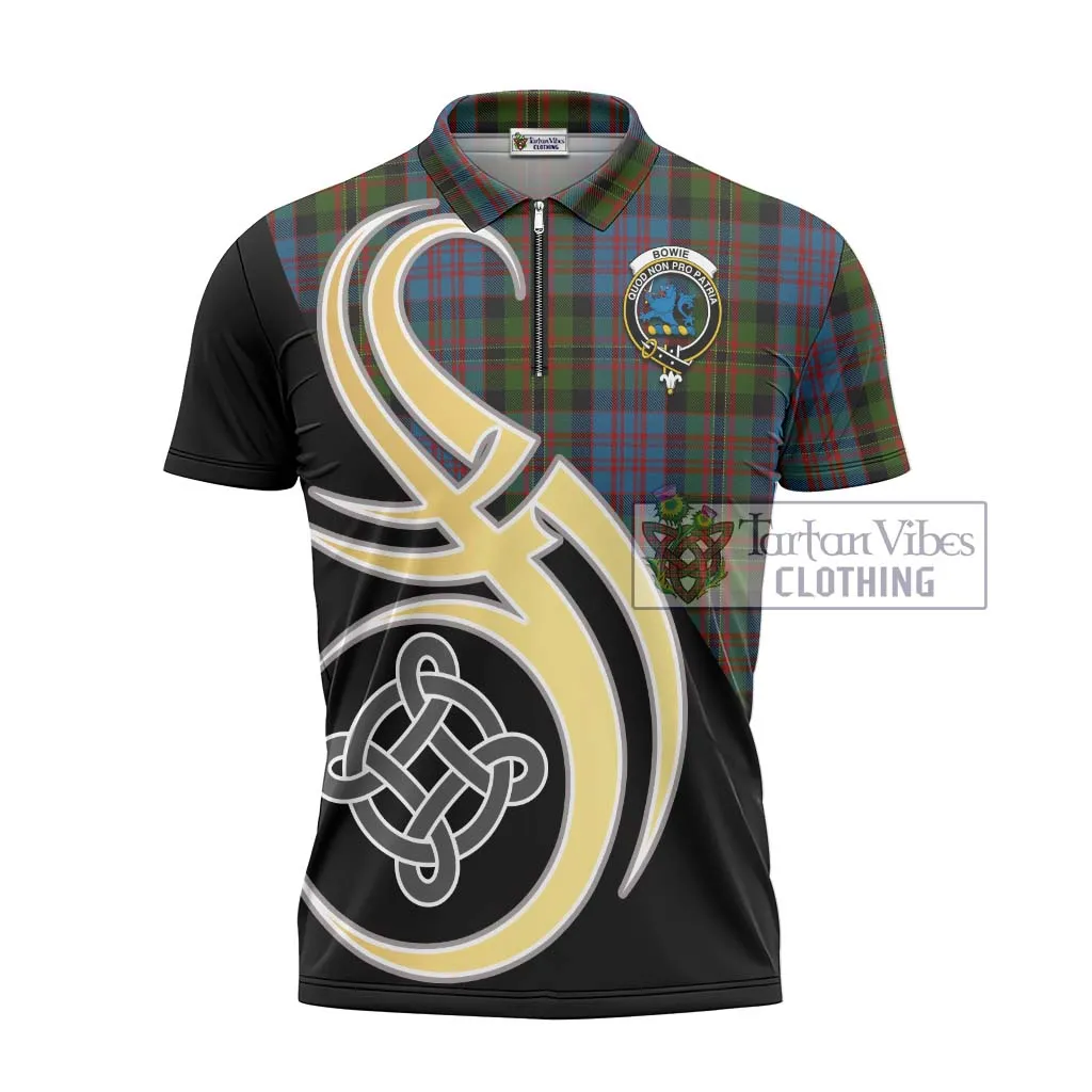 Bowie Tartan Zipper Polo Shirt with Family Crest and Celtic Symbol Style