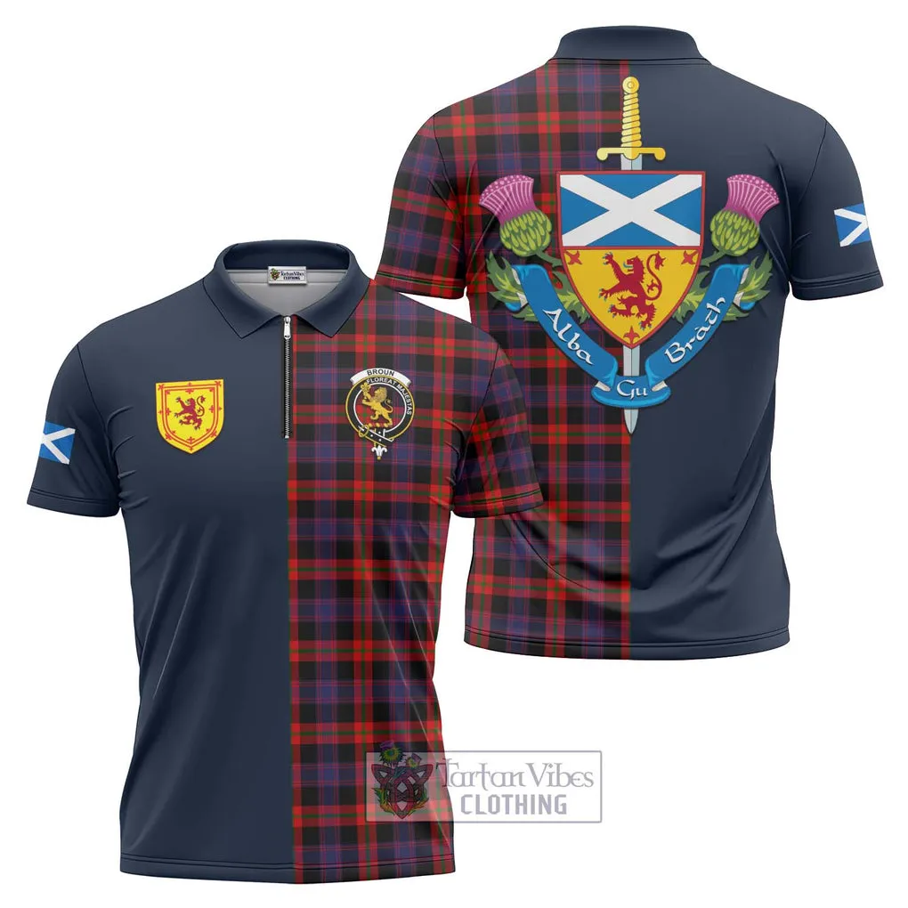 Broun Modern Tartan Zipper Polo Shirt Alba with Scottish Lion Royal Arm Half Style