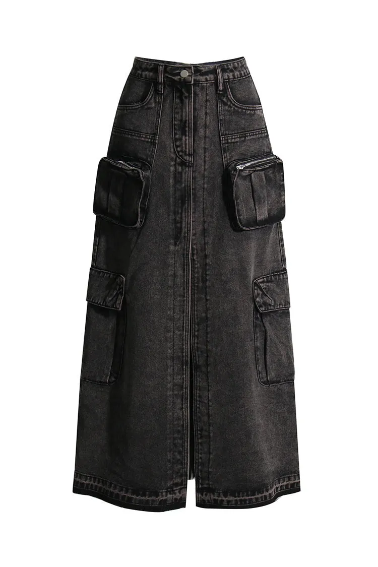 Casual High Waist Cargo Pocket Distressed Hem Front Split Denim Midi Skirt