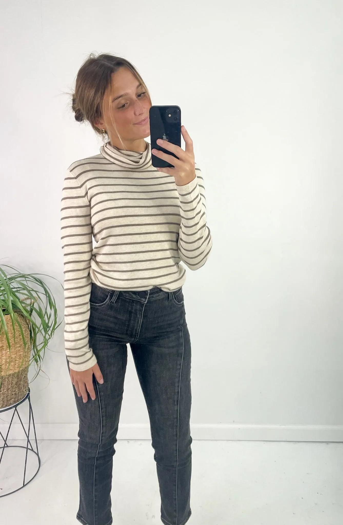 Classic Cut Striped Turtle Neck Top