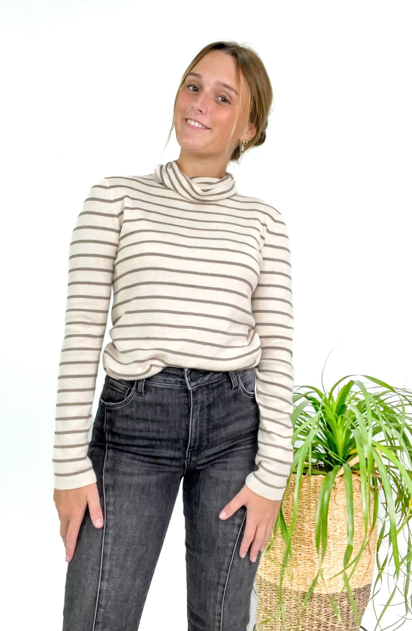 Classic Cut Striped Turtle Neck Top