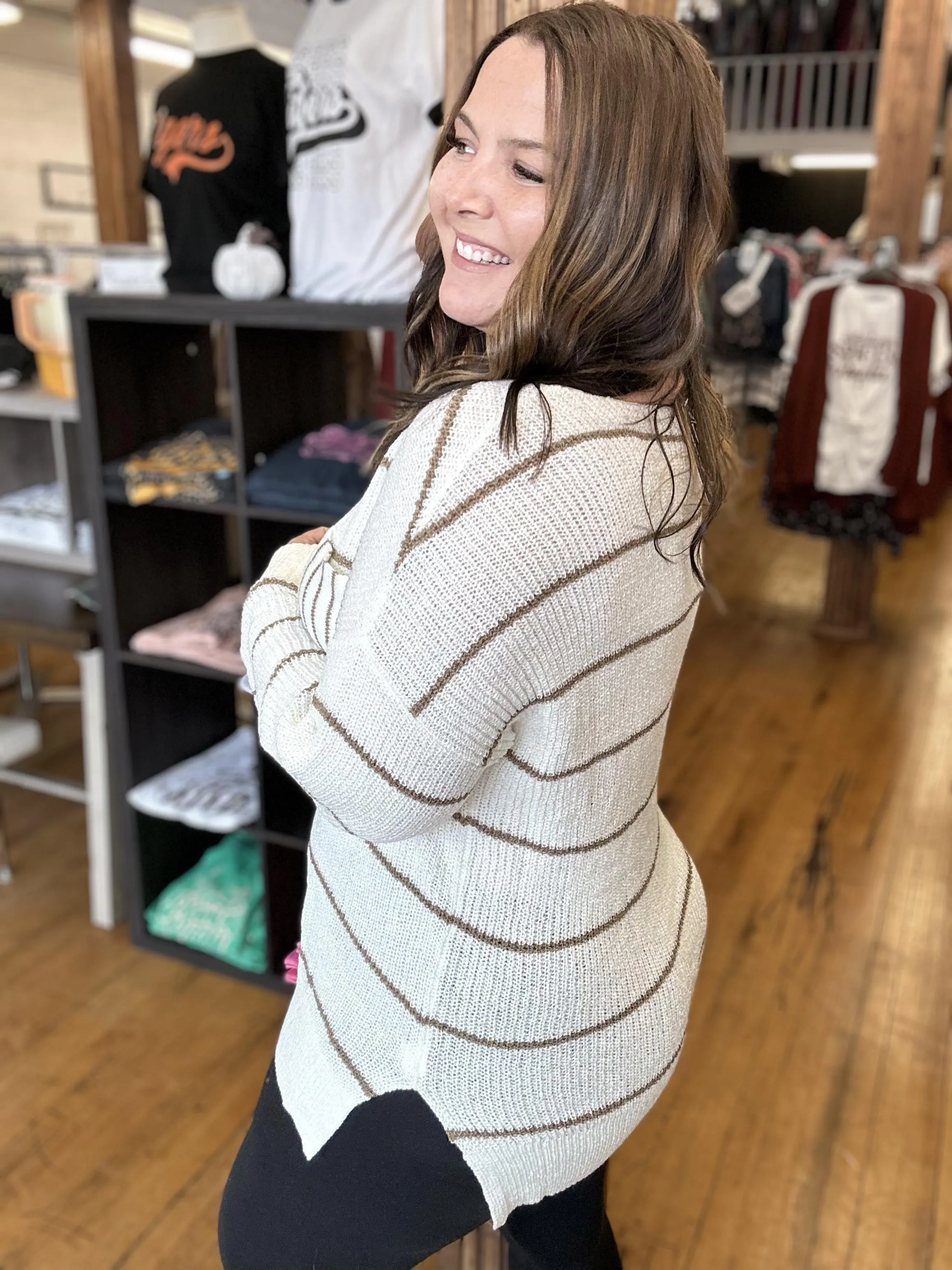 Cream & Brown Striped Sweater - Plus