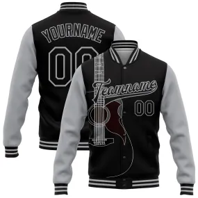 Custom Black Gray Guitar Music Festival 3D Pattern Design Bomber Full-Snap Varsity Letterman Jacket