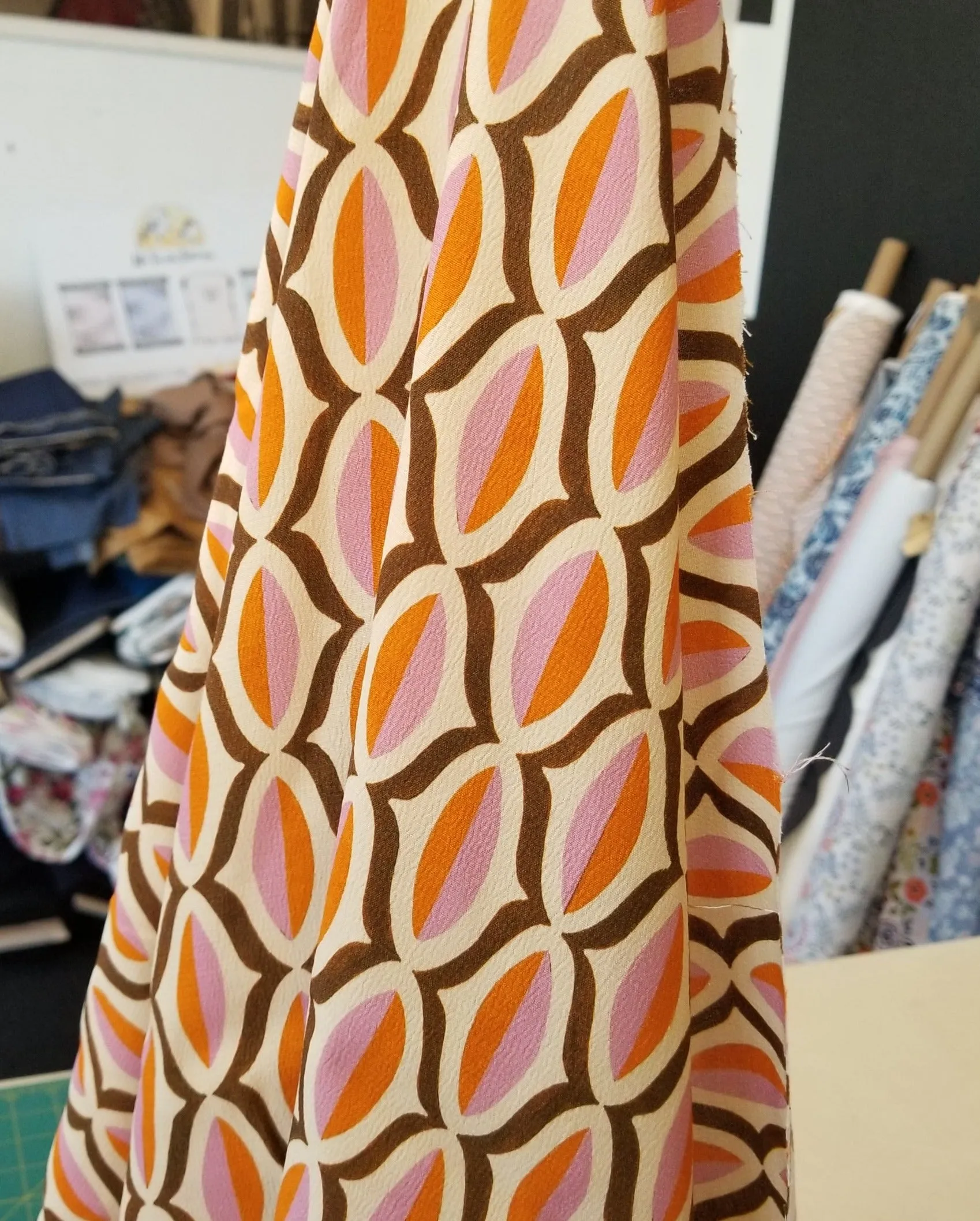 Designer Deadstock Italian Retro Orange and Pink Rayon Crepe Woven- by the yard