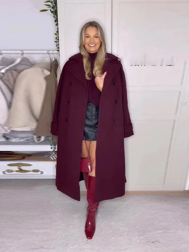 Fashionkova Christmas Gift Outfit Elegant Burgundy Lady Lapel Collar Long Jacket Fashion Solid Color Belt Double Breasted Overcoat 2024 New Woman High Street Wear