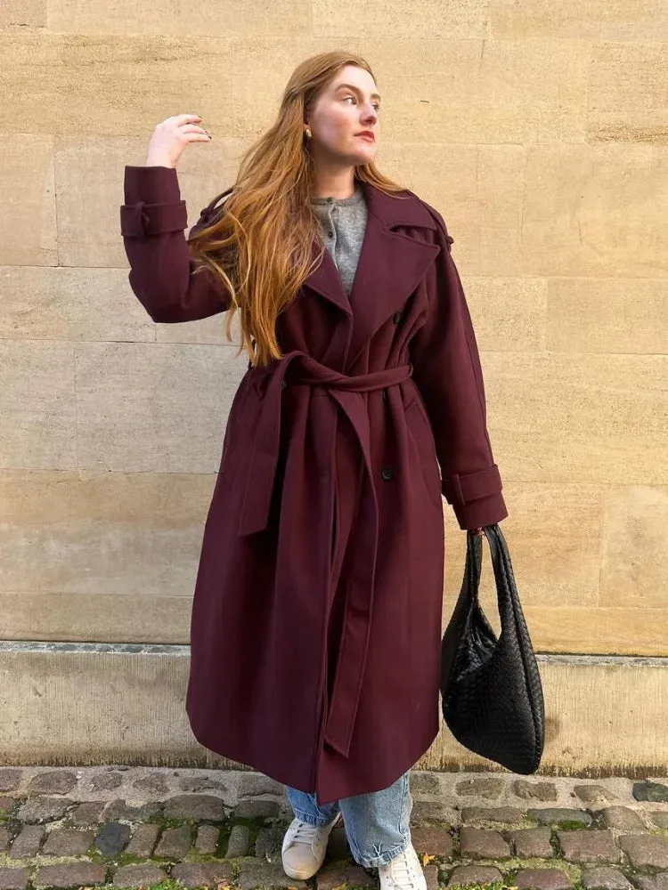 Fashionkova Christmas Gift Outfit Elegant Burgundy Lady Lapel Collar Long Jacket Fashion Solid Color Belt Double Breasted Overcoat 2024 New Woman High Street Wear