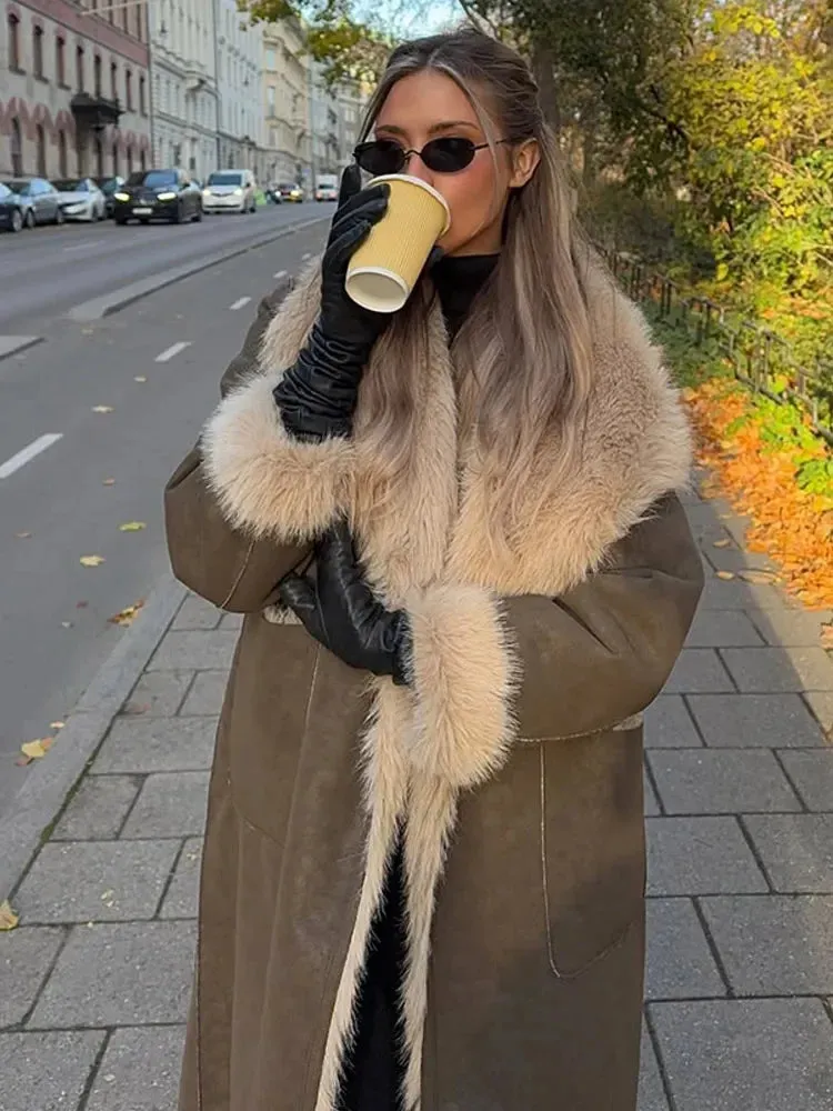 Fashionkova Christmas Gift Outfit Soft Lapel Collar Warm Double Sided Wear Long Faux Fur Jacket Fashion One Buttons Pocket Overcoat New Winter Woman Commuter Wear