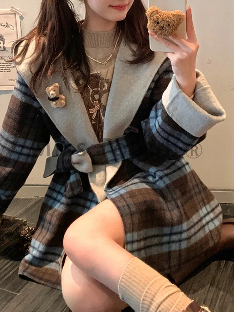 Fashionkova Christmas Gift Outfit  Winter Plaid Patchwork Korean Fashion Warm Coat Women New Hooded Double Faced Retro Overcoat Pocket Design Casual Clothes 2024