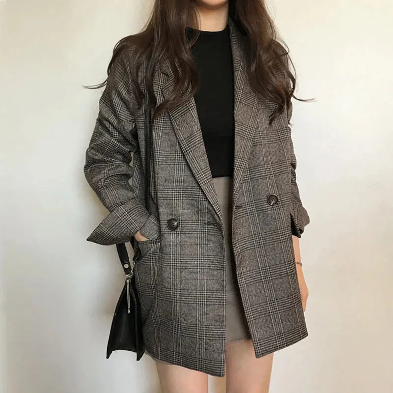 Fashionkova Christmas Gift Outfit  Women Winter Plaid Blazers Coats Korean Fashion Elegant Solid Thick Jacket Female Double Breasted Office Lady Long Overcoat