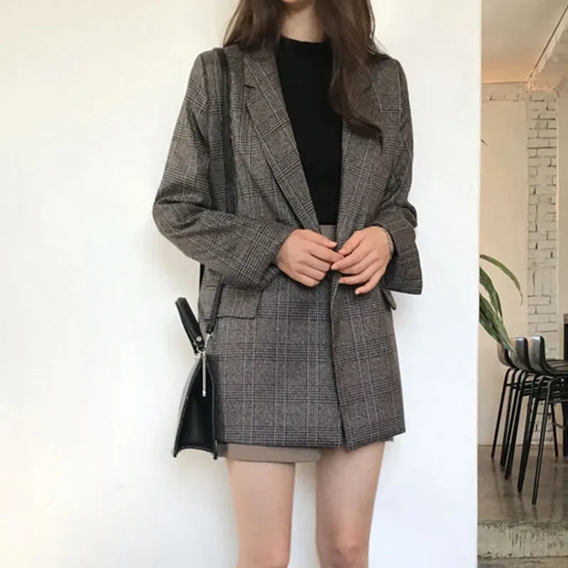 Fashionkova Christmas Gift Outfit  Women Winter Plaid Blazers Coats Korean Fashion Elegant Solid Thick Jacket Female Double Breasted Office Lady Long Overcoat