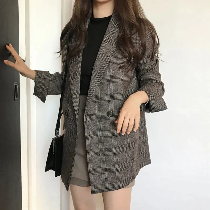 Fashionkova Christmas Gift Outfit  Women Winter Plaid Blazers Coats Korean Fashion Elegant Solid Thick Jacket Female Double Breasted Office Lady Long Overcoat