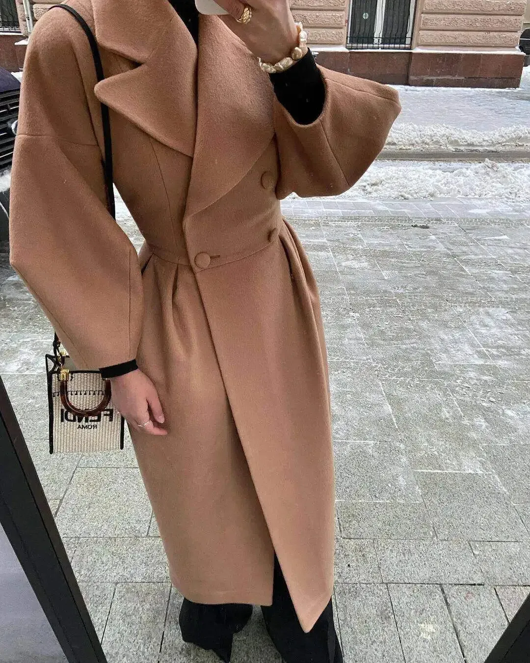 Fashionkova Elegant Solid Woolen Blend Overcoat Women Fashion Thick Lapel Double-Breasted Long Sleeve Jacket 2024 Spring Autumn Lady Outwear